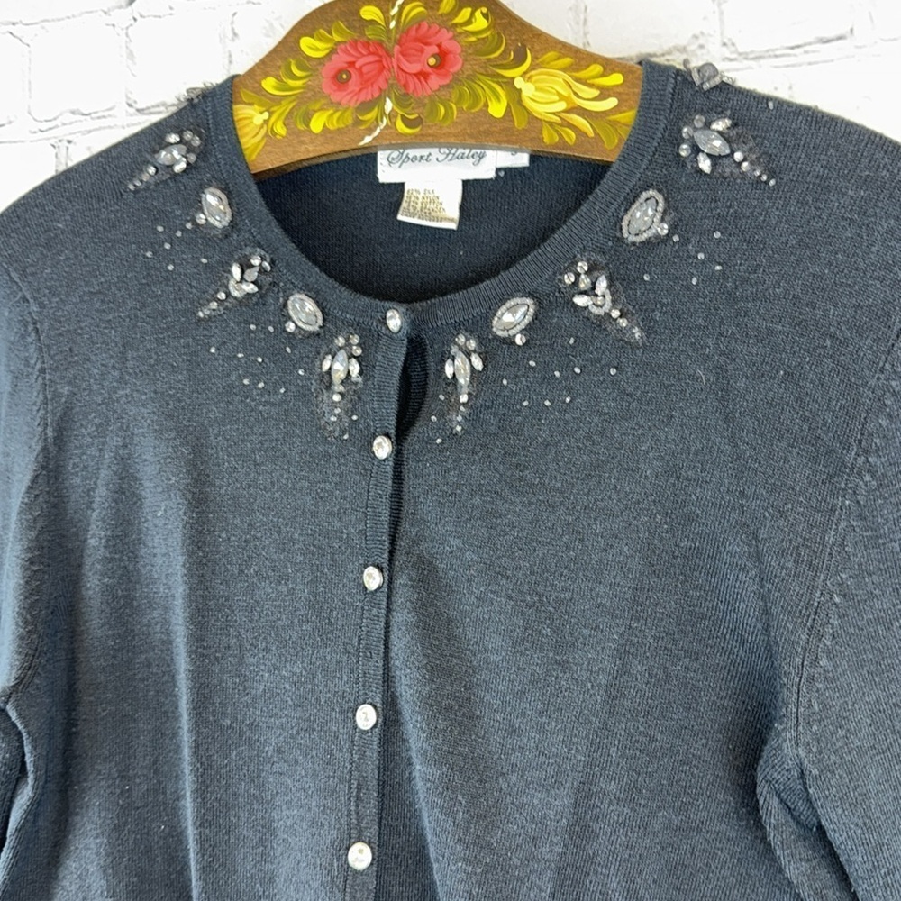 SPORT HAYLEY Embellished Black Cardigan Rhinestone Crystal Knit Sweater Size S - Picture 4 of 7